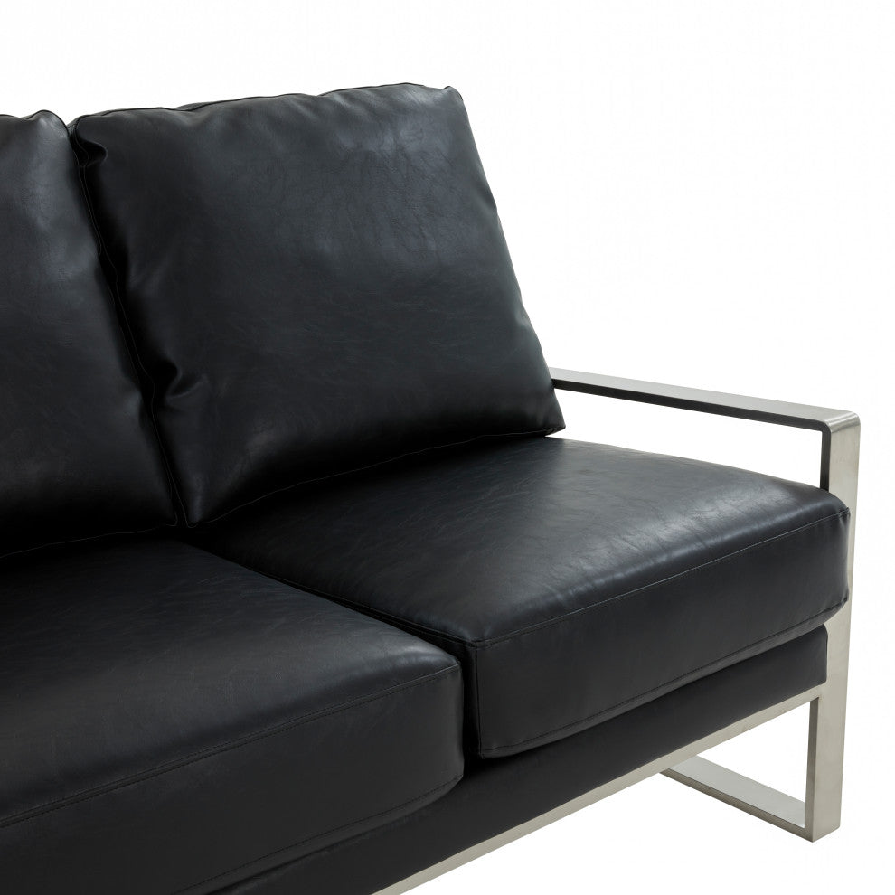 LeisureMod Jefferson Modern Faux Leather Sofa With Silver Frame, Black