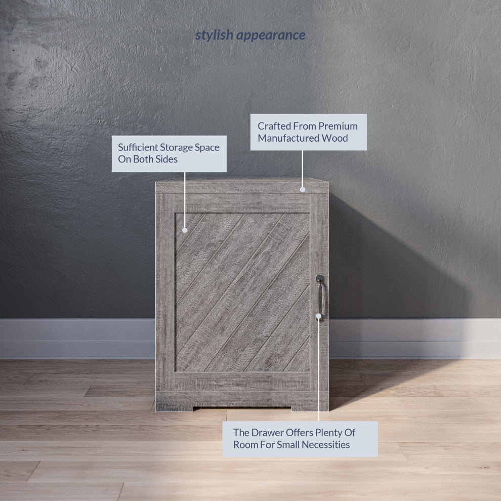 Modern Farmhouse End Table, Nightstand Or Cabinet With Front Door, Gray Wash