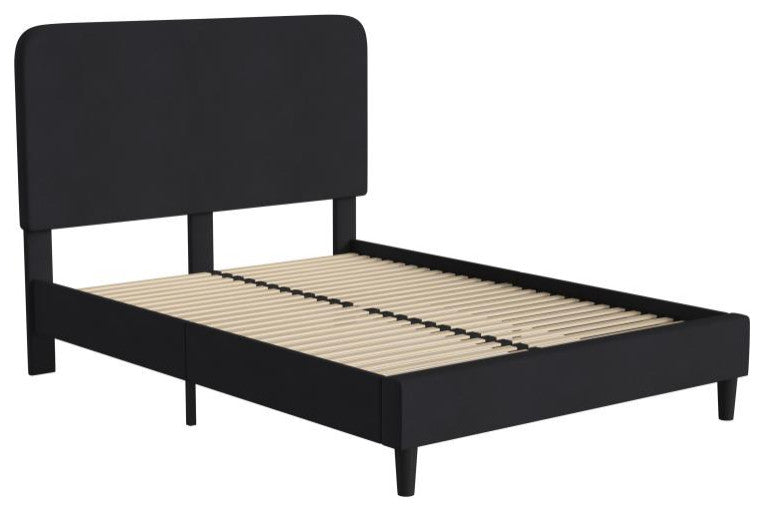 Addison Upholstered Platform Bed - Headboard with Rounded Edges, Charcoal, Queen