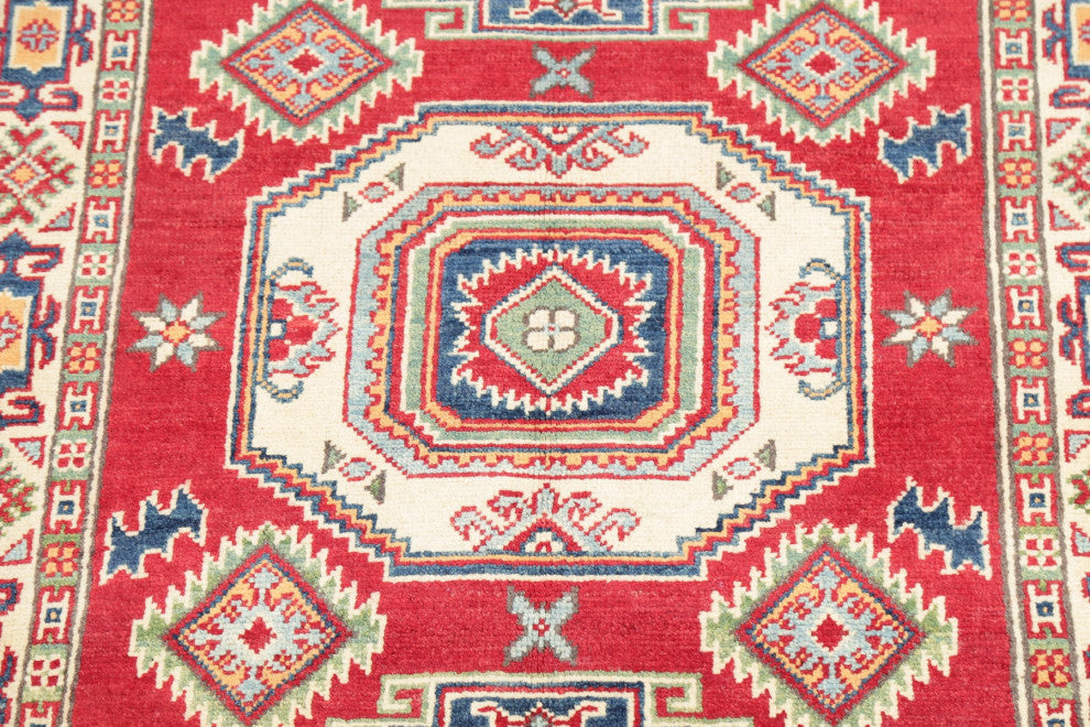 Kazak Oriental Traditional Hand Made Pakistani Area Rug, Red, 4'11"x3'5