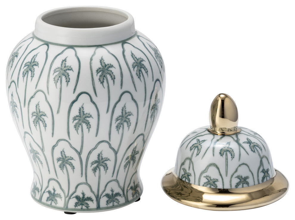 Ceramic 10"H Temple Jar, Green/Gold