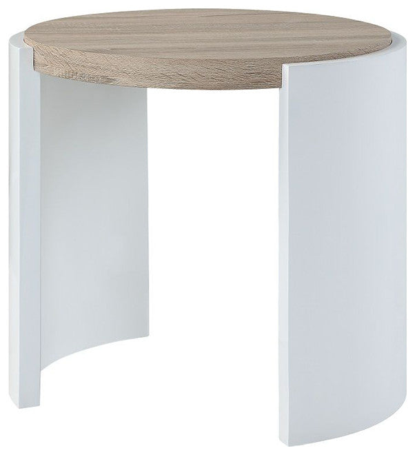 Round Wooden End Table, High Glos White and Oak
