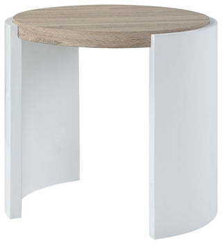 Round Wooden End Table, High Glos White and Oak