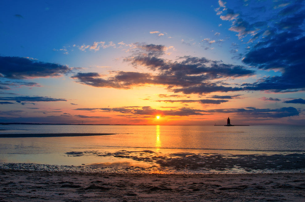 Sunset at Breakwater Lighthouse Coastal Landscape Photo Canvas Print, 24" X 36"
