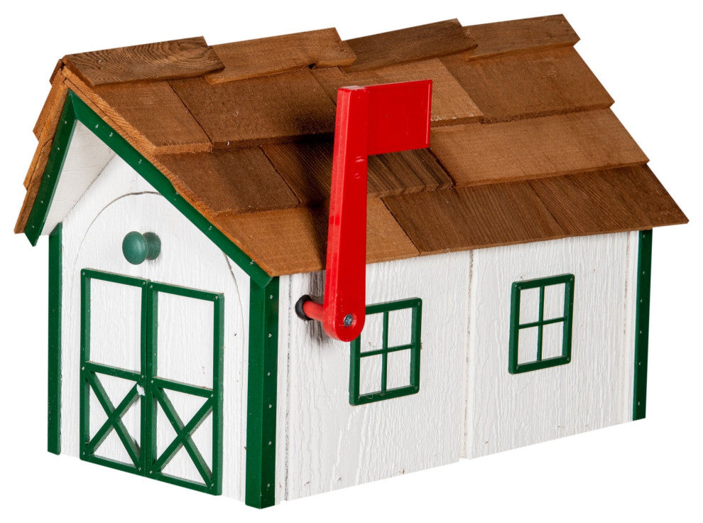 Cedar Shake Roof Standard Wood Mailbox, White & Turf Green