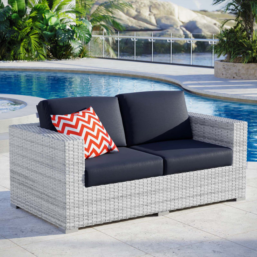 Lounge Loveseat Sofa, Rattan, Wicker, Gray Blue Navy, Modern, Outdoor Patio