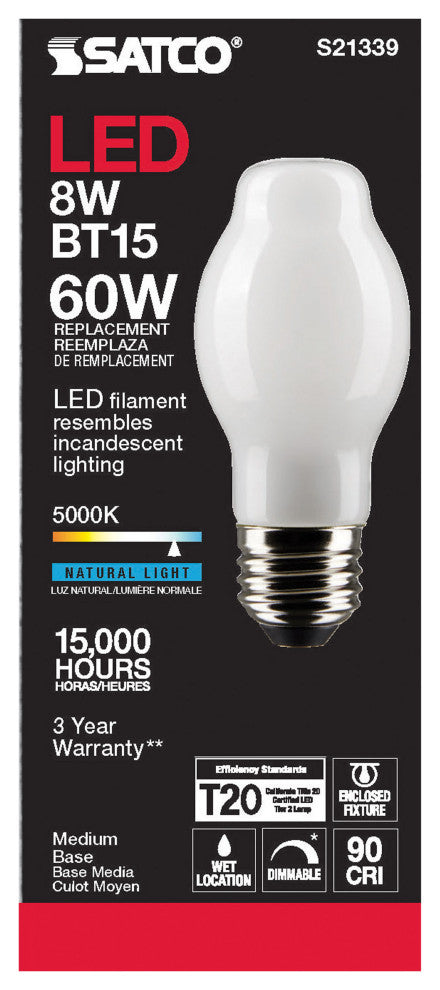 8W BT15 LED, White, Medium Base, 90 CRI, 5000K, 120V