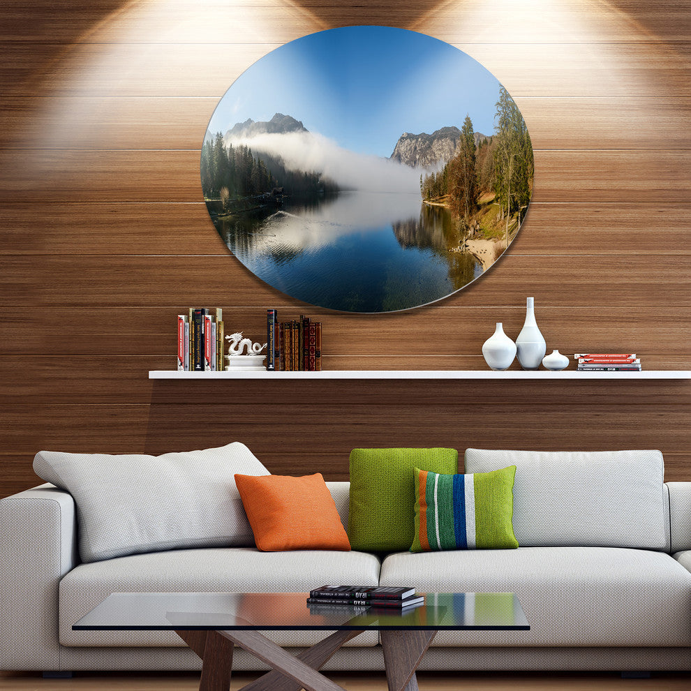 Bohinj Lake Panorama, Modern Seashore Round Metal Wall Art, 11"