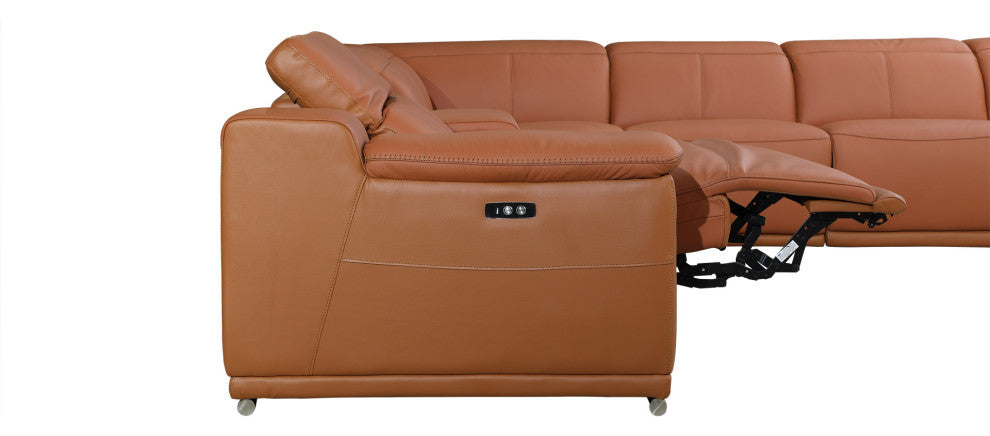 Federico 8-Piece L-Shaped Top Grain Italian Leather Sectional-4 Power Recliners, Camel
