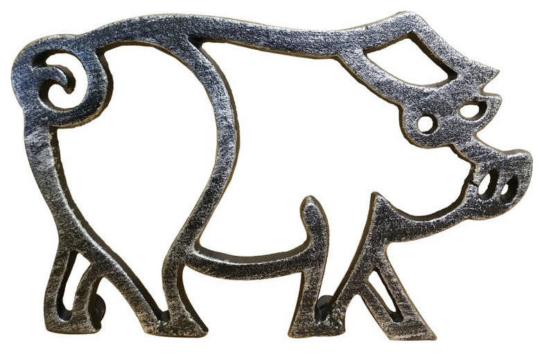 Rustic Silver Cast Iron Pig Shaped Trivet 8"- Decorative Cast Iron, Animal Tr