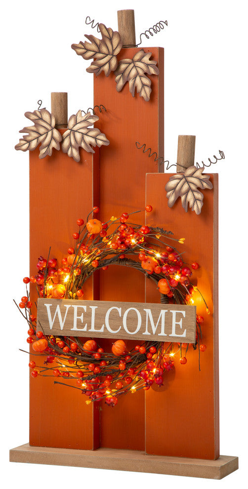 30"H Fall Lighted Wooden Pumpkin Decor WithWreath