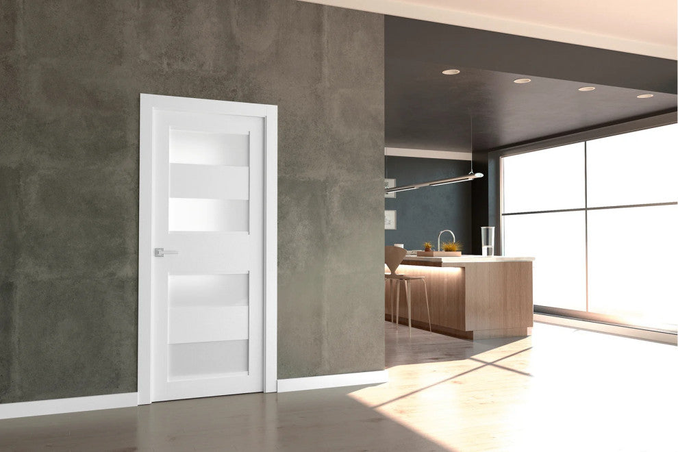 Della Bianco Noble with Concealed Hinges, Tempered Frosted Glass, Solid Core, 30" X 80", Right-Hand