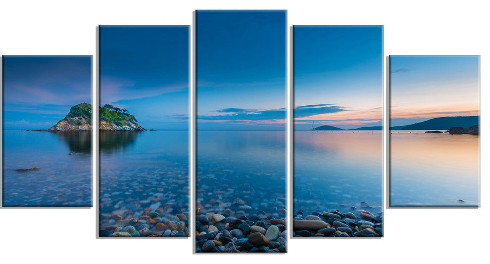 Green Isle at Stony Coast, Large Seashore Canvas Wall Art, 60"x32", 5 Panels