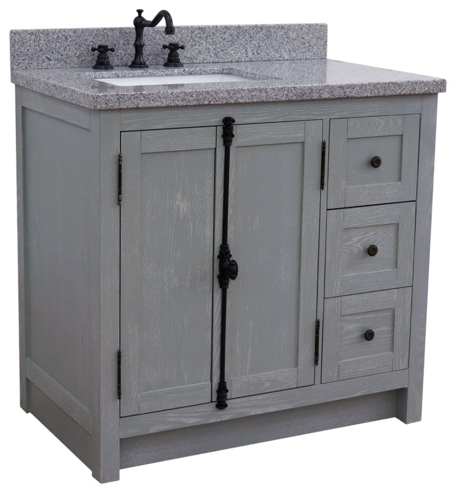 37" Vanity, Gray Ash With Gray Granite Top, Left Doors/Left Rectangle Sink