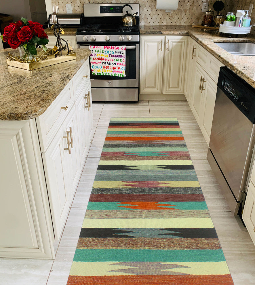 Winchester Kilim Wake Light Green/Orange Runner, 2'9x9'10