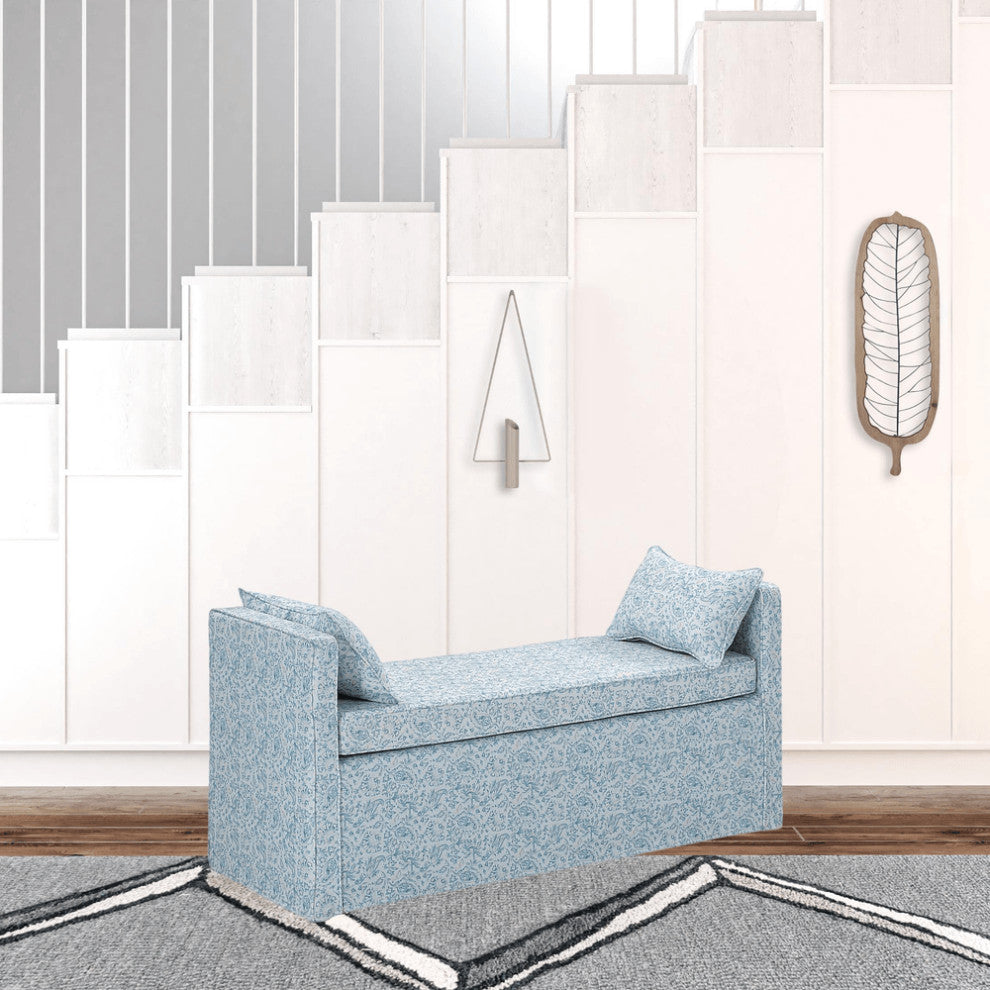 53" Blue And Black Upholstered Linen Floral Bench