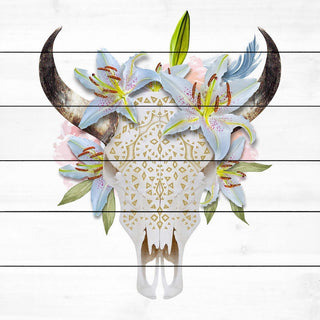 "Floral Crown Skull" Painting Print on White Wood, 18"x18"