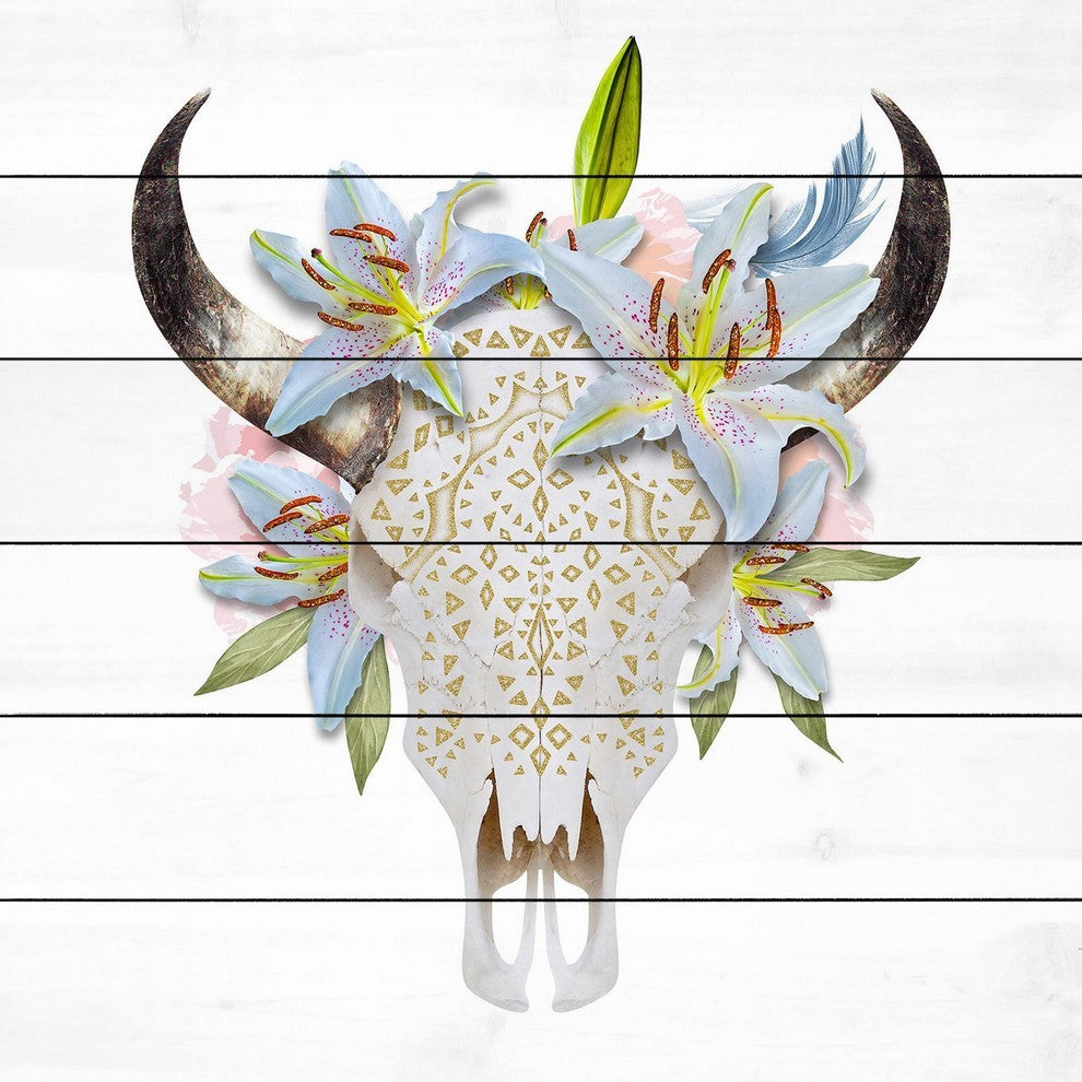 "Floral Crown Skull" Painting Print on White Wood, 18"x18"