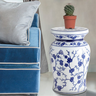 Cherry Blossom 17.7" Ceramic Garden Stool, White and Blue