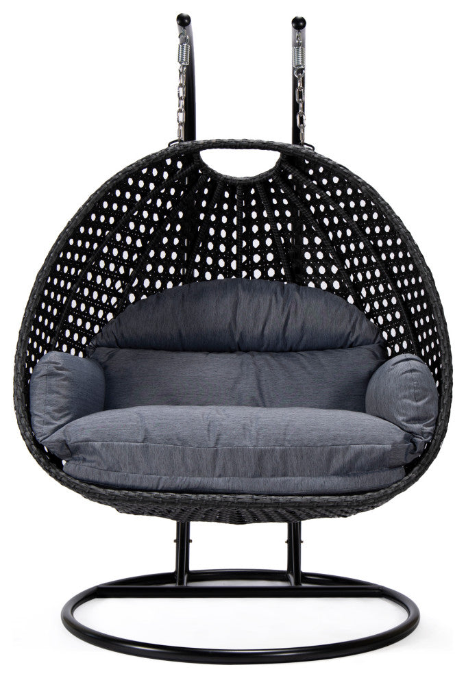 LeisureMod Mendoza Charcoal Wicker Hanging Double Egg Swing Chair, Charcoal