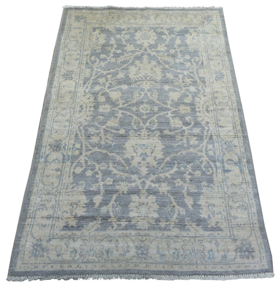 Gray Pure Wool Natural Dyes Hand Knotted Stone Wash Peshawar Rug, 3'0"x4'10"