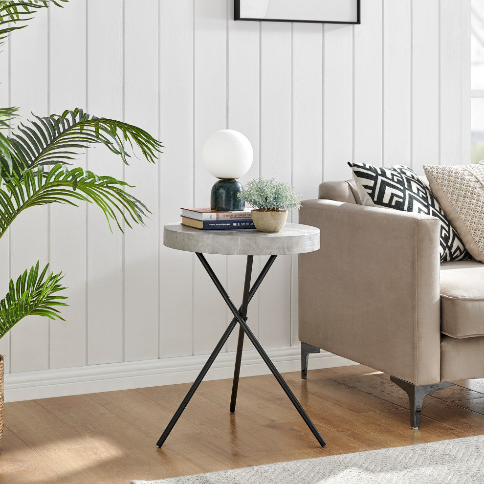 Circular Modern Grey Concrete Finish Black Metal Legs Accent Table