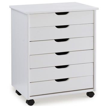 Riverbay Furniture Six Drawer Wide Wood Rolling Cart in White Wash