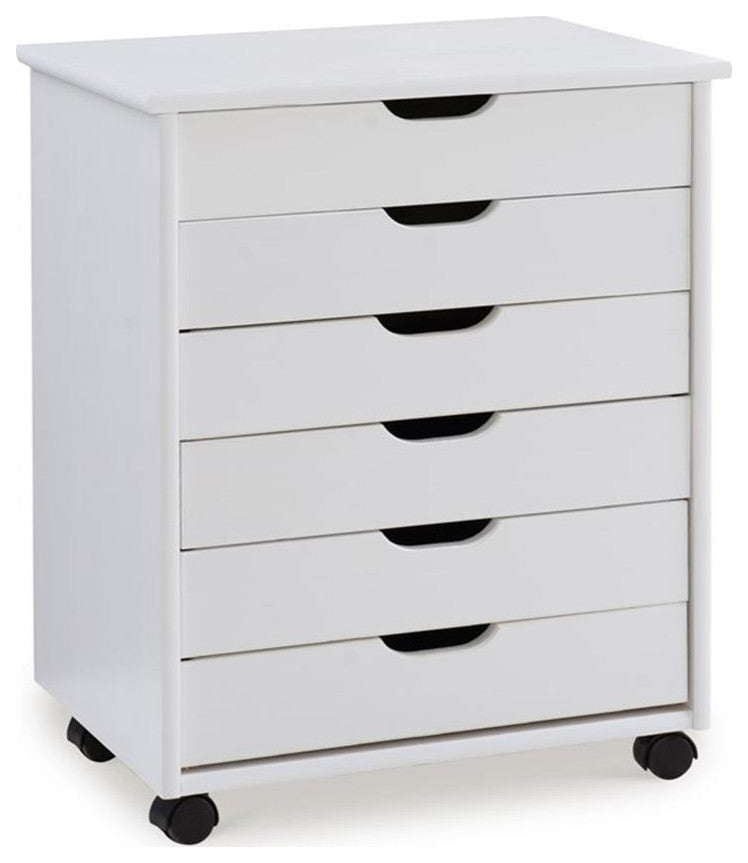 Riverbay Furniture Six Drawer Wide Wood Rolling Cart in White Wash
