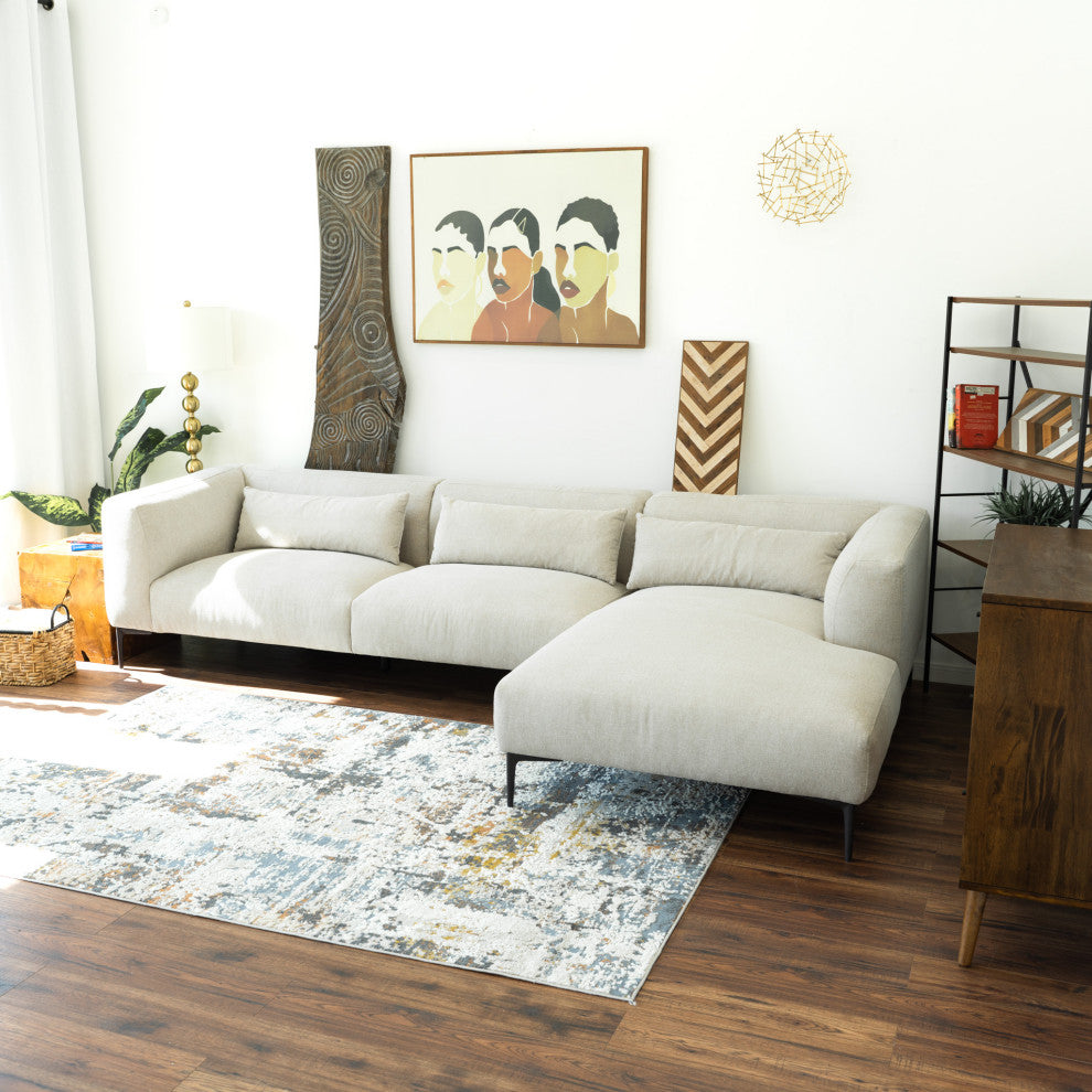 Savoy Mid-Century Modern L-Shaped Linen Fabric Right-Facing Sectional, Cream
