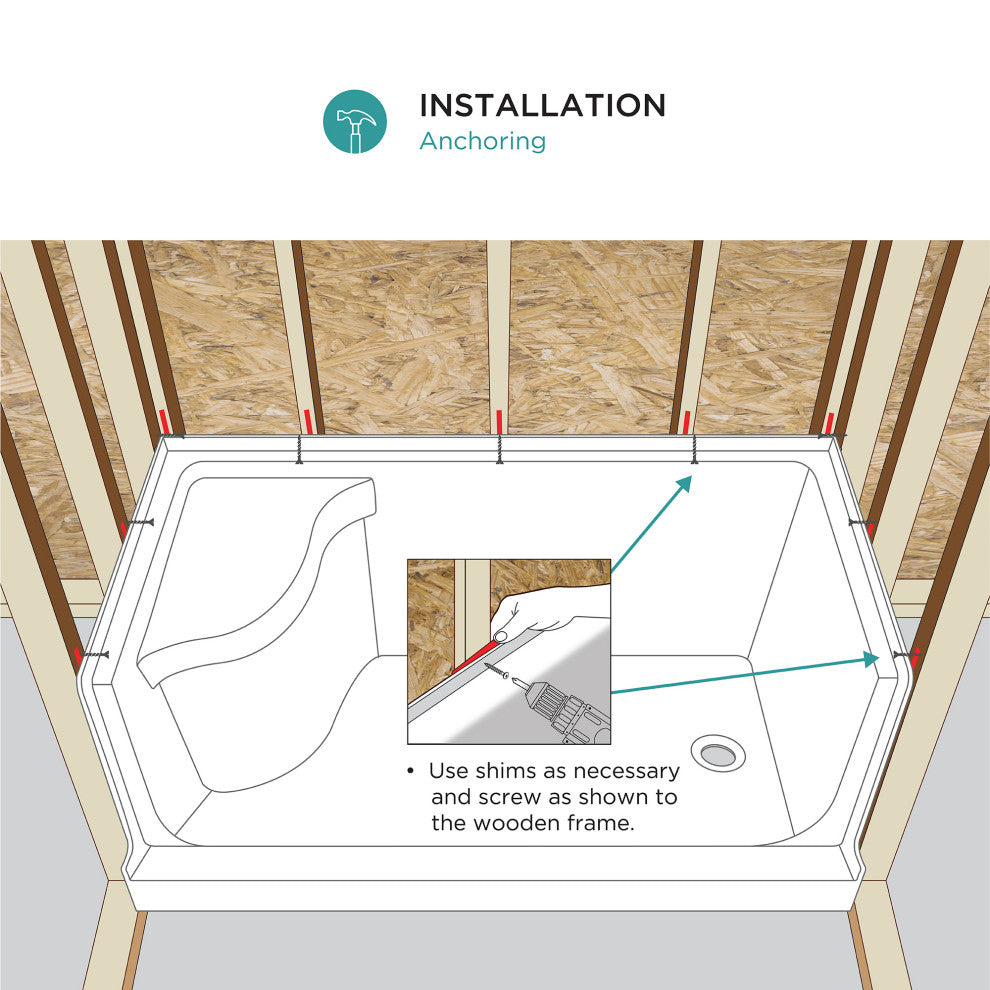 Single Threshold Acrylic Non-Slip Shower Base, Seat 60 x 32, Right Hand Drain