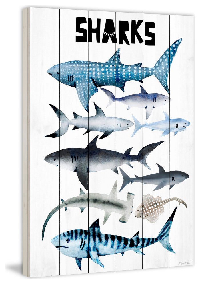 "Sharks" Painting Print on White Wood, 12x18