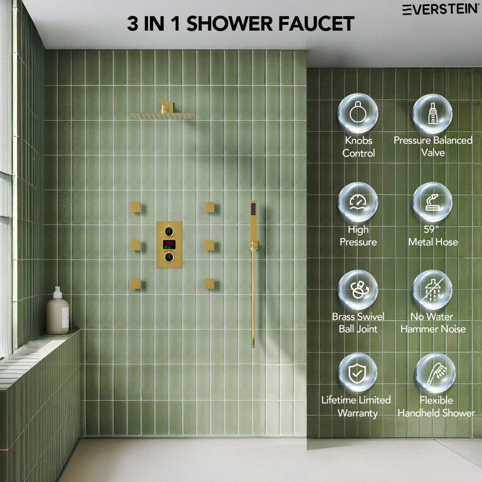 LED Temperature Digital Display Shower System With Body Jets, Brushed Gold, 12 Inches
