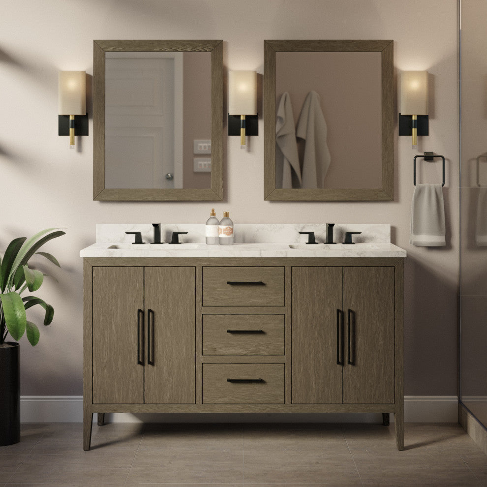 Parisian 60" Bathroom Vanity, Gray Oak, Carrara Marble, Double