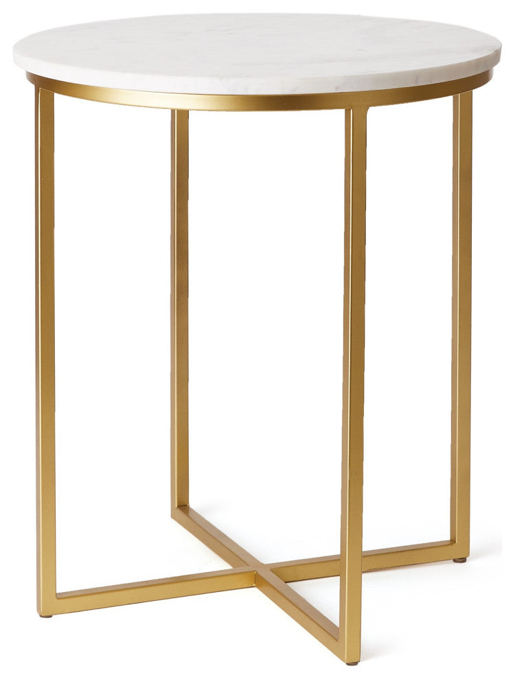 Contemporary Classic White Marble Gold Metal Accent table 17.5 in Round Brass