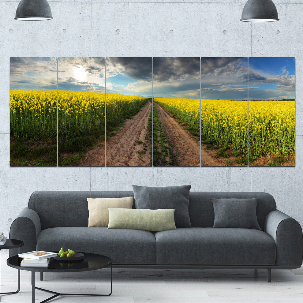 Sunset over Canola Panorama, Landscape Canvas Art Print, 70"x28", 6 Panels