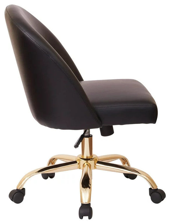 Elegant Office Chair, Golden Base With Padded Seat & Curved Back, Black Pu