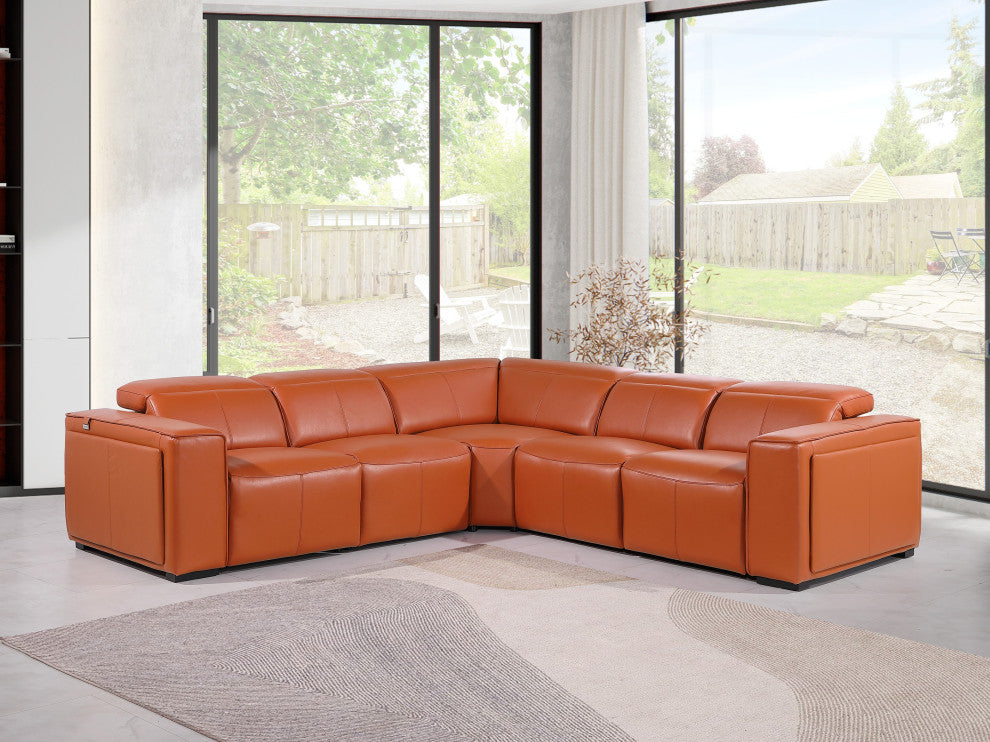 Niccolo Italian Leather 5-Piece L-Shaped Power Reclining Sectional, Camel