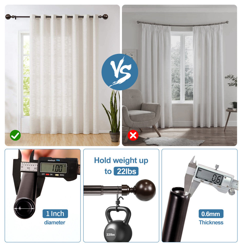 1" Steel Ball Drapery Curtain Rod, Bronze, 84"-120"