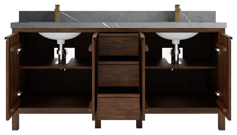 Elizabeth 72 Double Sink Bath Vanity in Dark Walnut Teak 2" Piatra Gray