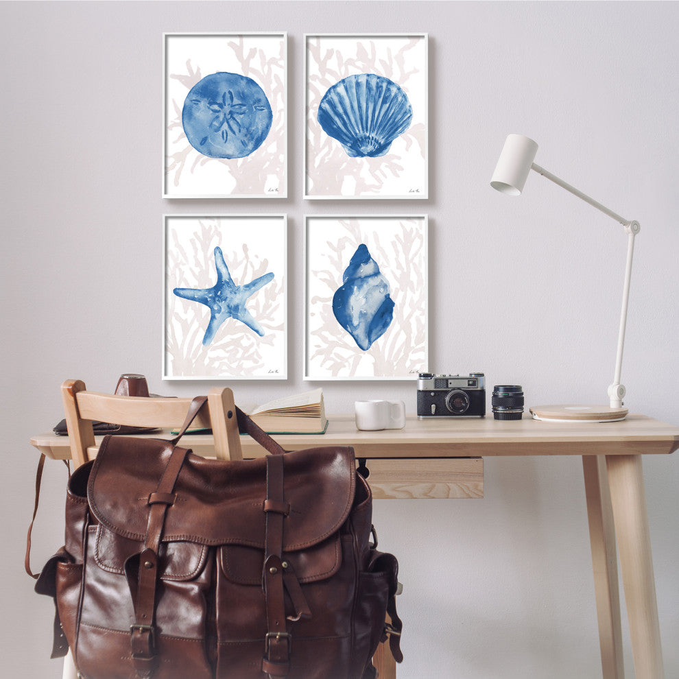 Blue Shells Starfish and Sand Dollar over Seaweed,4pc, each 11 x 14