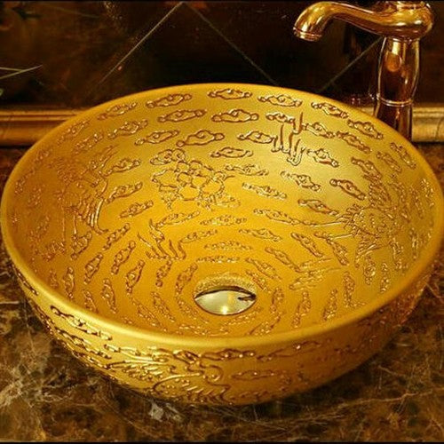 Renalto Golden Porcelain Handpainted Round Wash Basin Coutertop Bathroom Sink