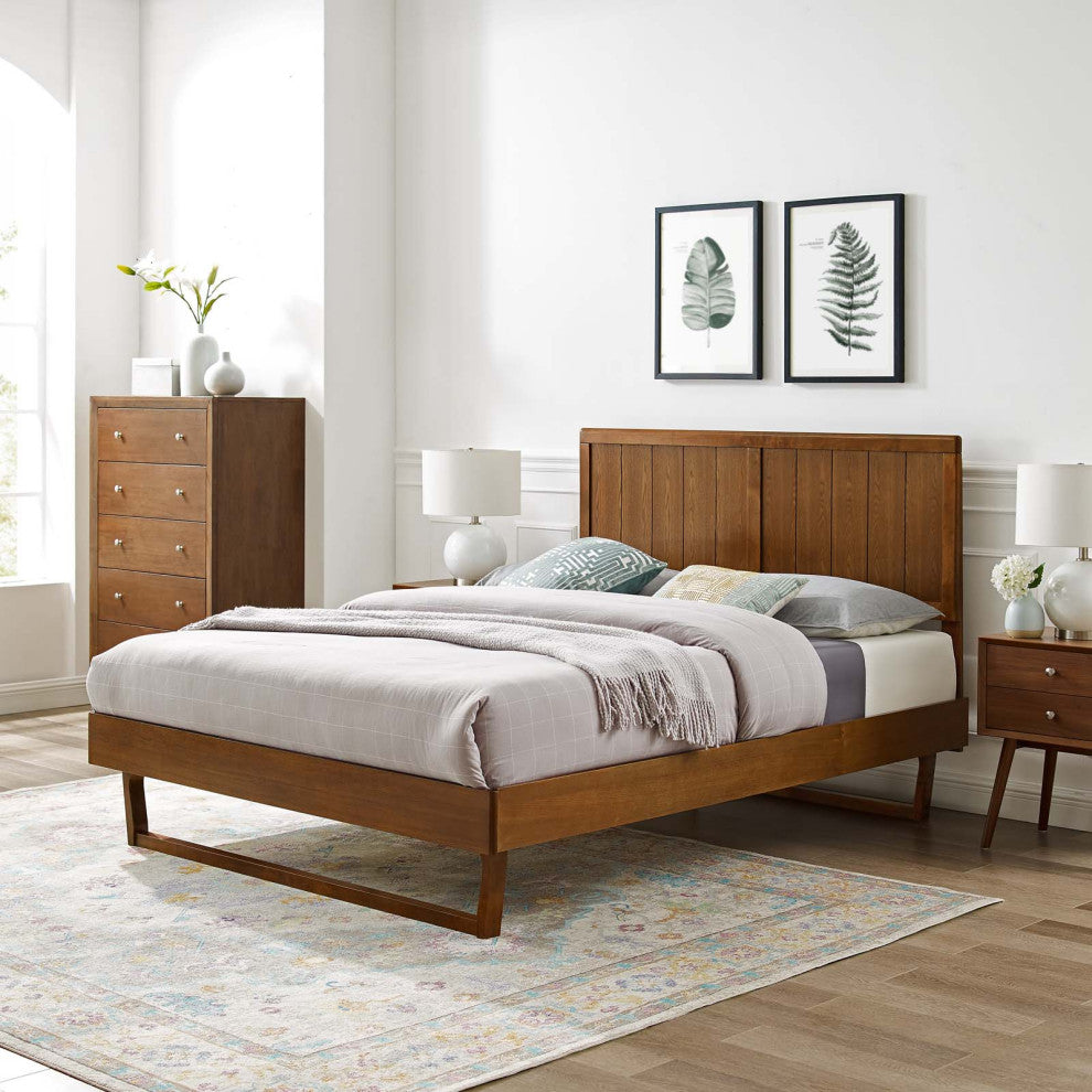 Platform Bed Frame, King Size, Wood, Brown Walnut, Modern Mid-Century, Bedroom