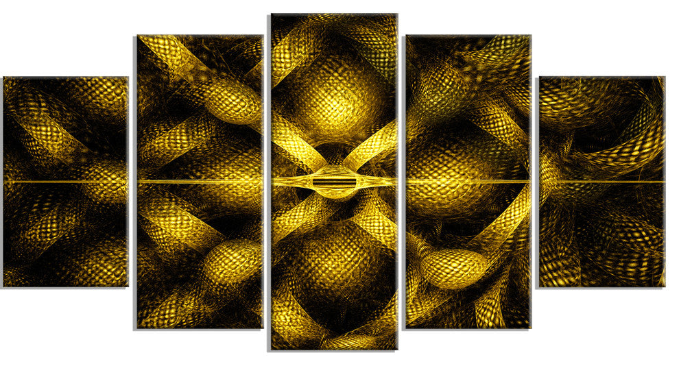 Golden Fractal Watercolor Pattern, Contemporary Art on Canvas, 60"x32", 5 Panels