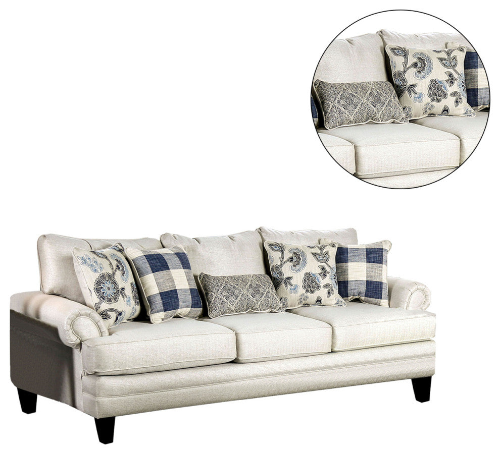 Linen-like Fabric Sofa with Rolled Arms Design, Ivory