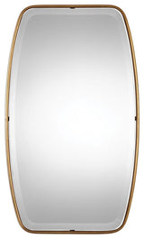 Modern Floating Beveled Mirror in Antiqued Gold Leaf Forged Shaped Round Frame