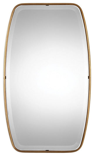 Modern Floating Beveled Mirror in Antiqued Gold Leaf Forged Shaped Round Frame