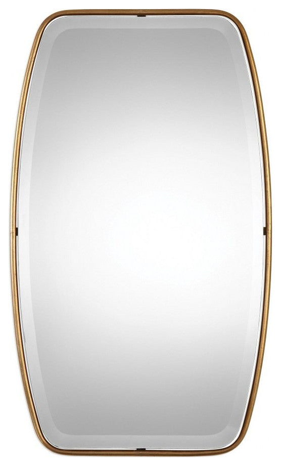 Modern Floating Beveled Mirror in Antiqued Gold Leaf Forged Shaped Round Frame