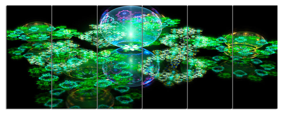 Green Water Drops on Mirror, Abstract Canvas Art Print, 70"x28", 6 Panels