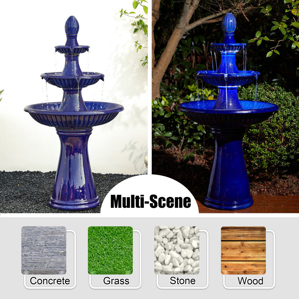 Cobalt Blue 3-Tier Ceramic Outdoor Fountain