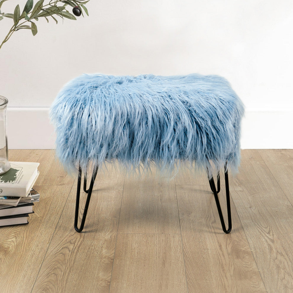 Mongolian Fur Ottoman, Forget Me Not, 19''x13''x17''